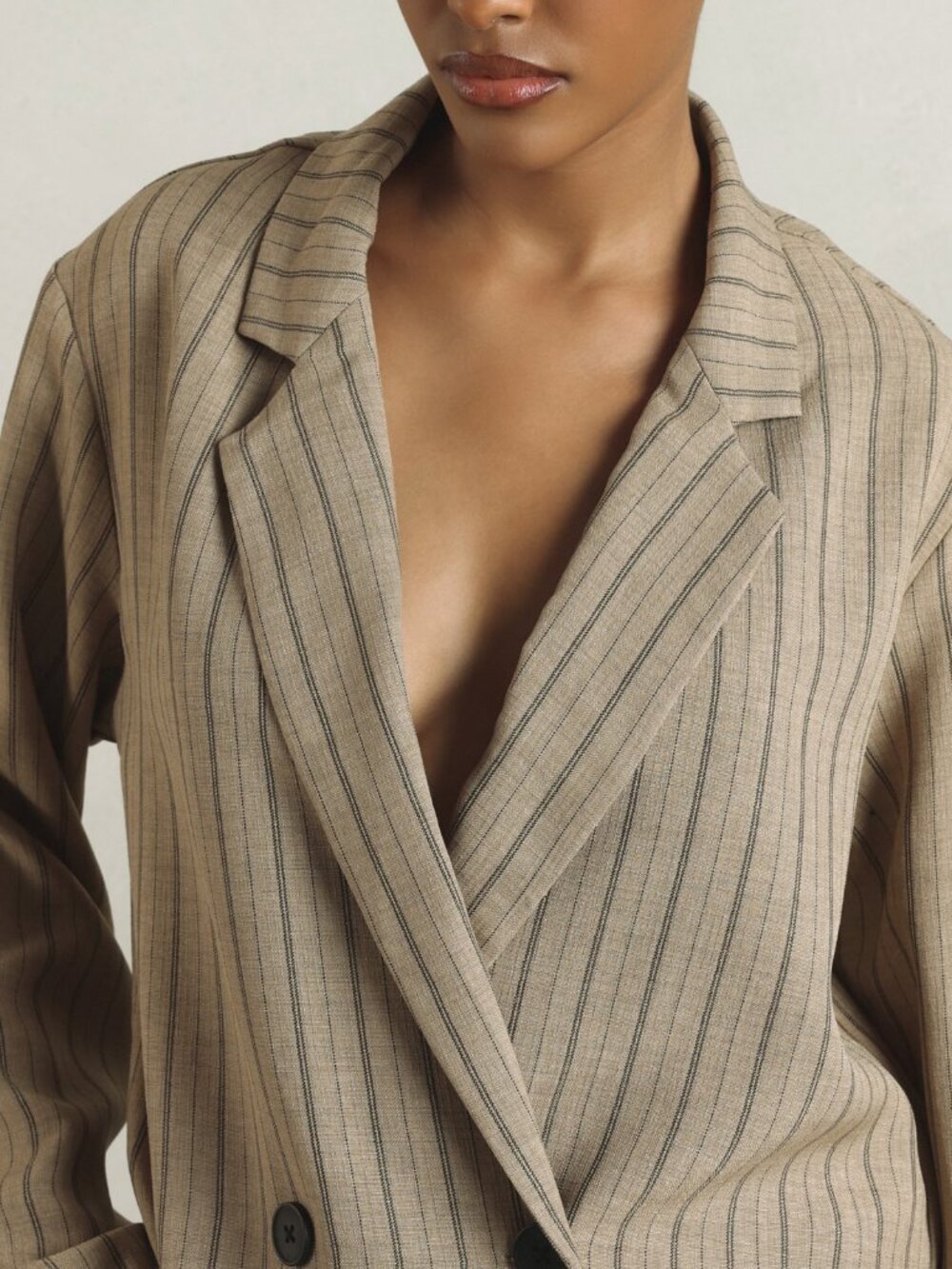 Khaki Elegant Women's Oversized Double-Breasted Pinstripe Blazer - Picture 4 of 7